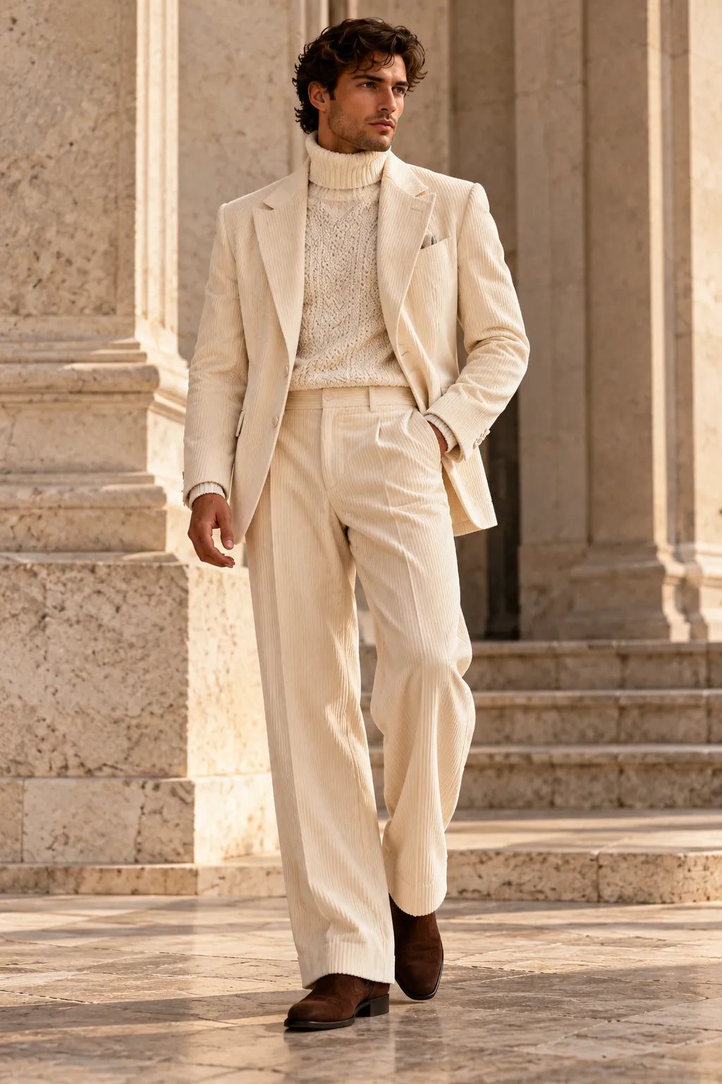 Men's Ivory Corduroy Wide Leg 2 Piece Suit