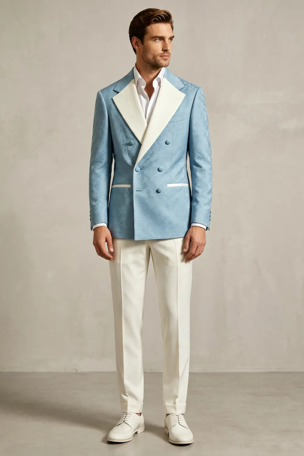 Men's Light Blue Double Breasted Jacquard 2-Piece Suit