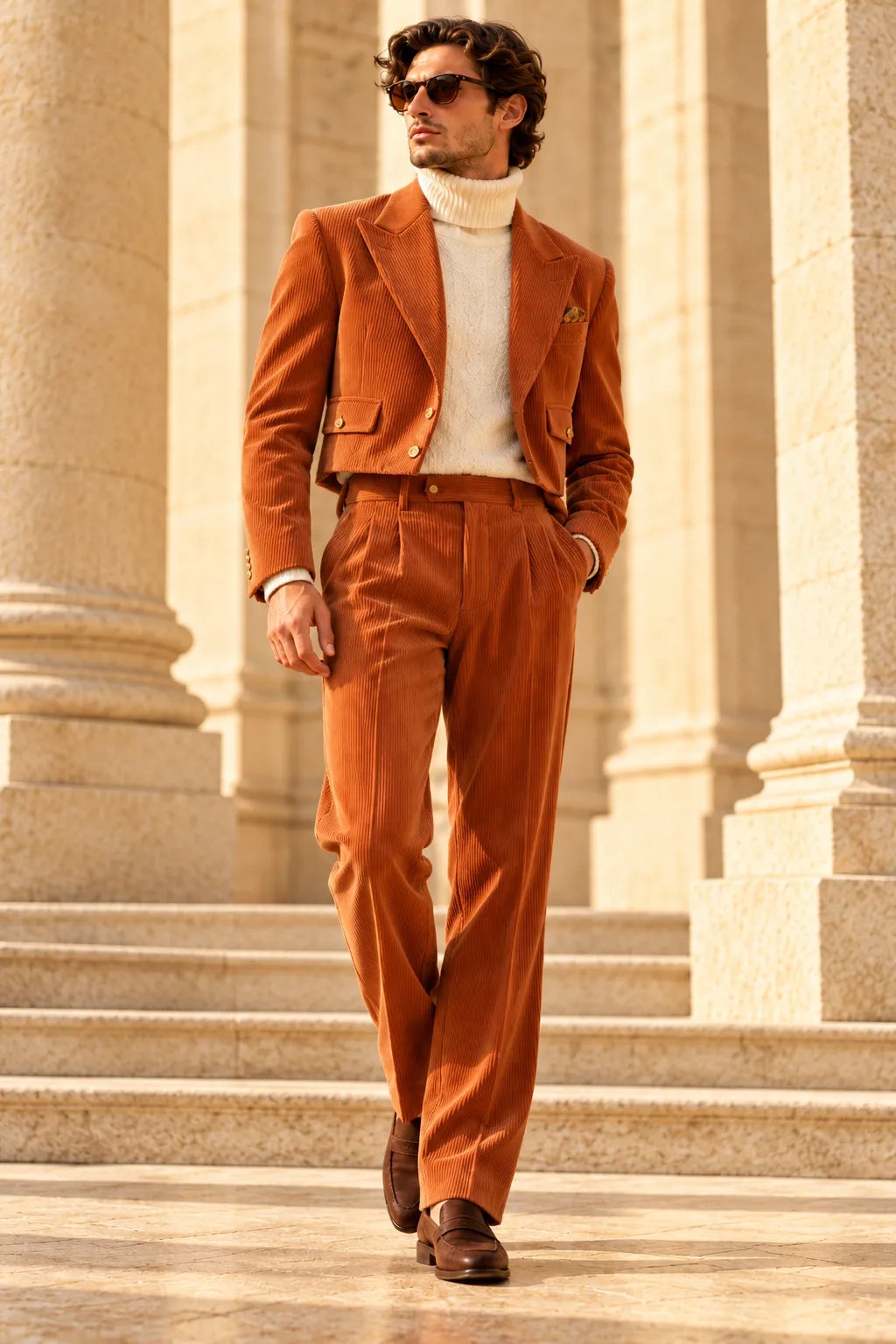 Men's Corduroy Cropped Blazer Wide Leg 2 Piece Suit