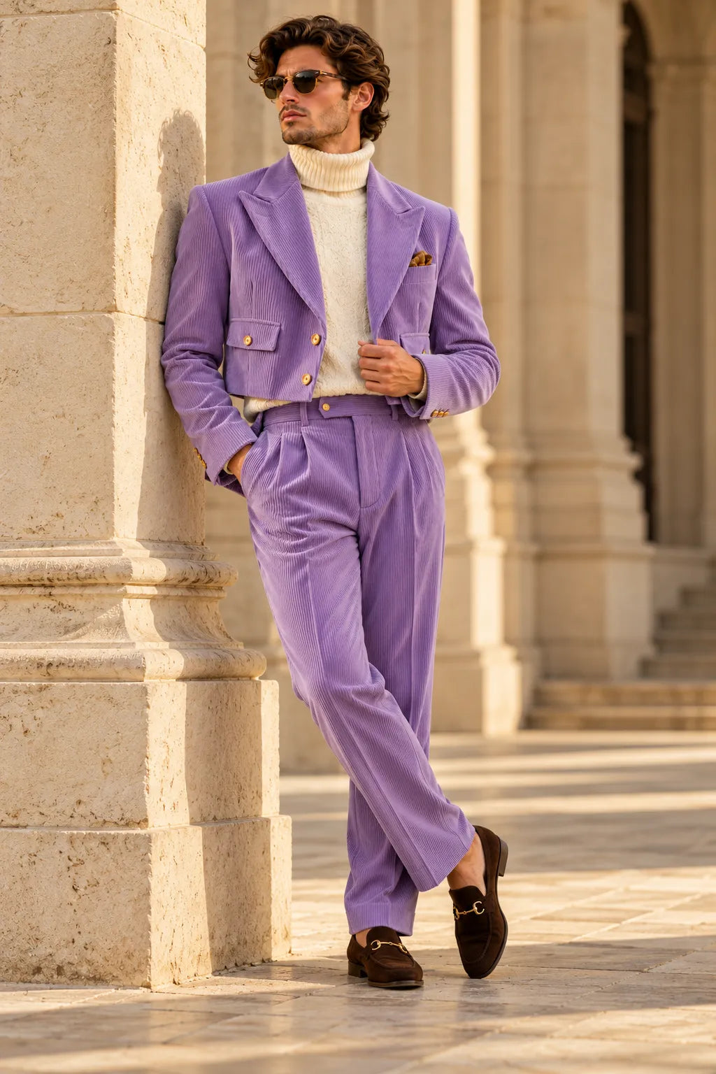 Men's Corduroy Cropped Blazer Wide Leg 2 Piece Suit