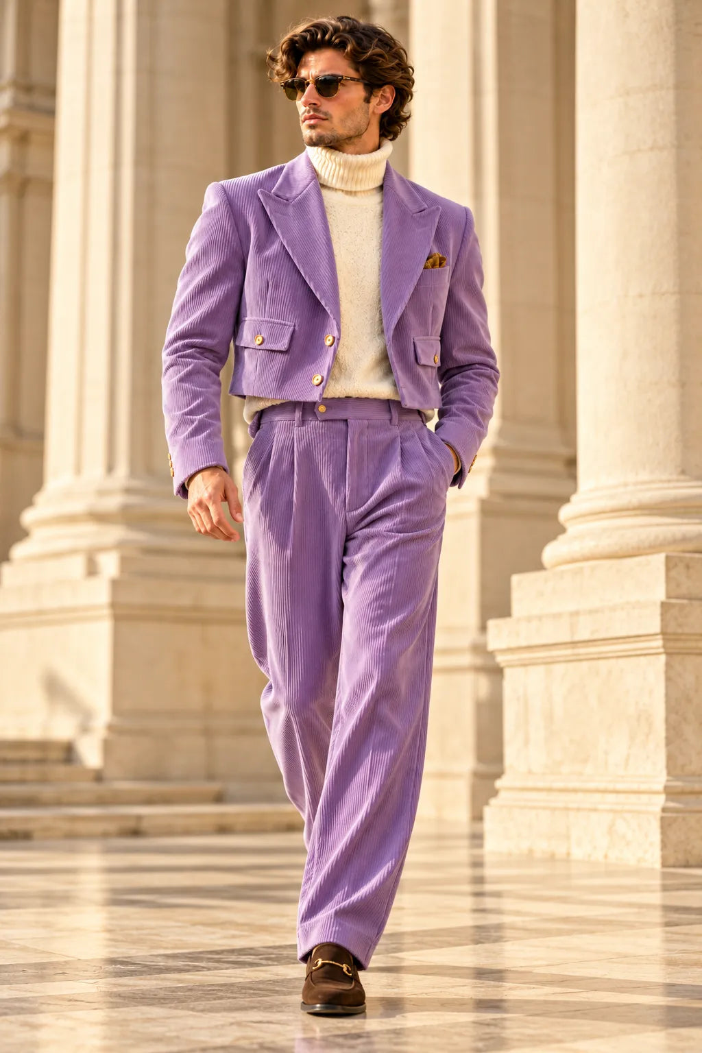 Men's Corduroy Cropped Blazer Wide Leg 2 Piece Suit