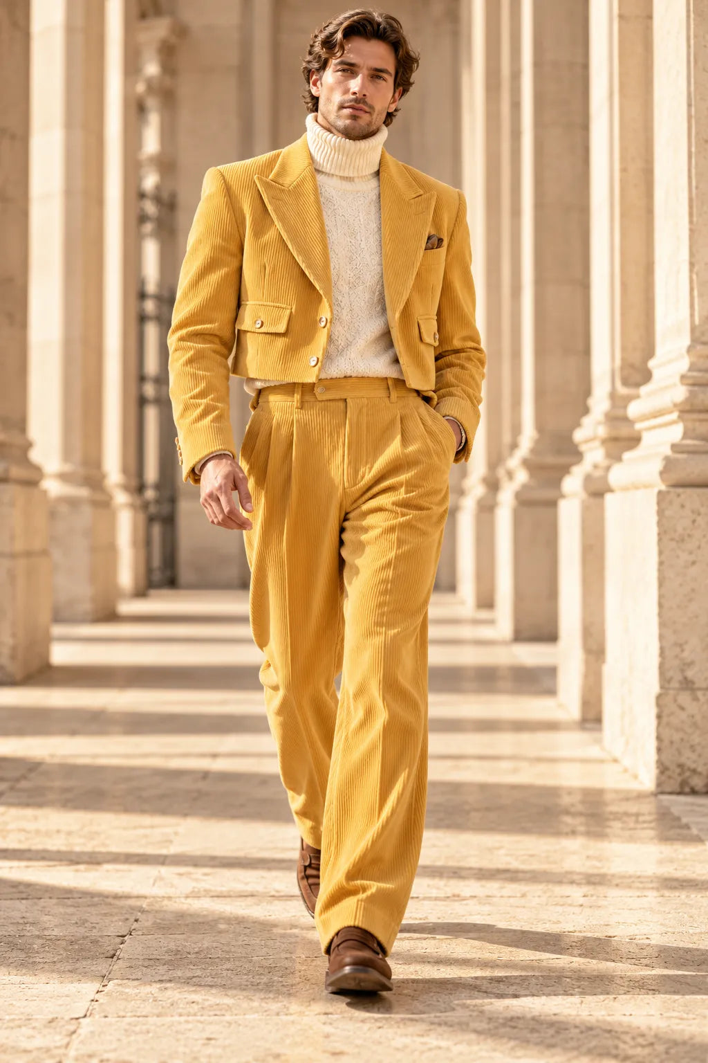 Men's Corduroy Cropped Blazer Wide Leg 2 Piece Suit