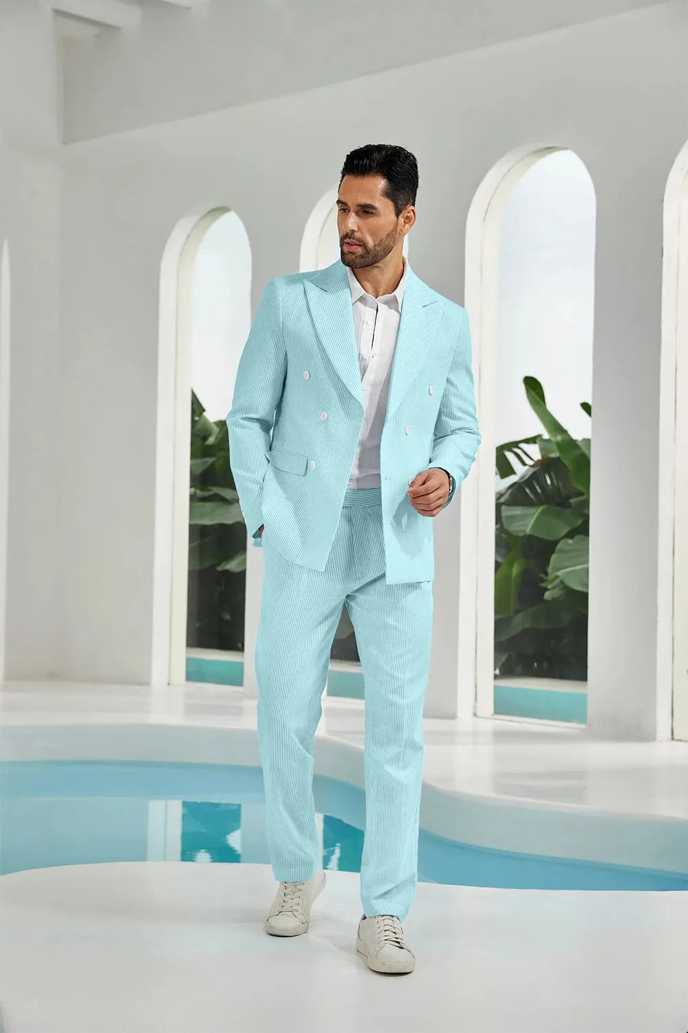 Aqua seersucker double breasted blazer pants 2 piece men's summer suit upgrade version on model