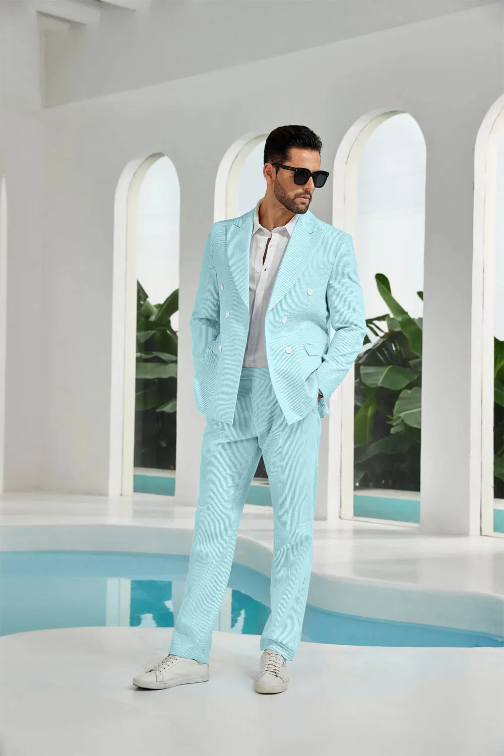 Aqua seersucker double breasted blazer pants 2 piece men's summer suit upgrade version