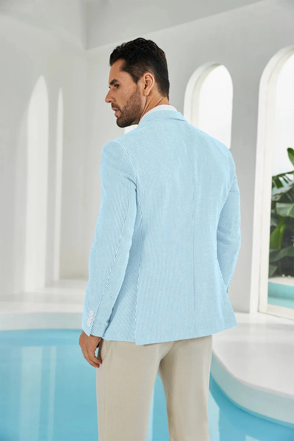 Aqua-white seersucker striped men's summer blazer back display