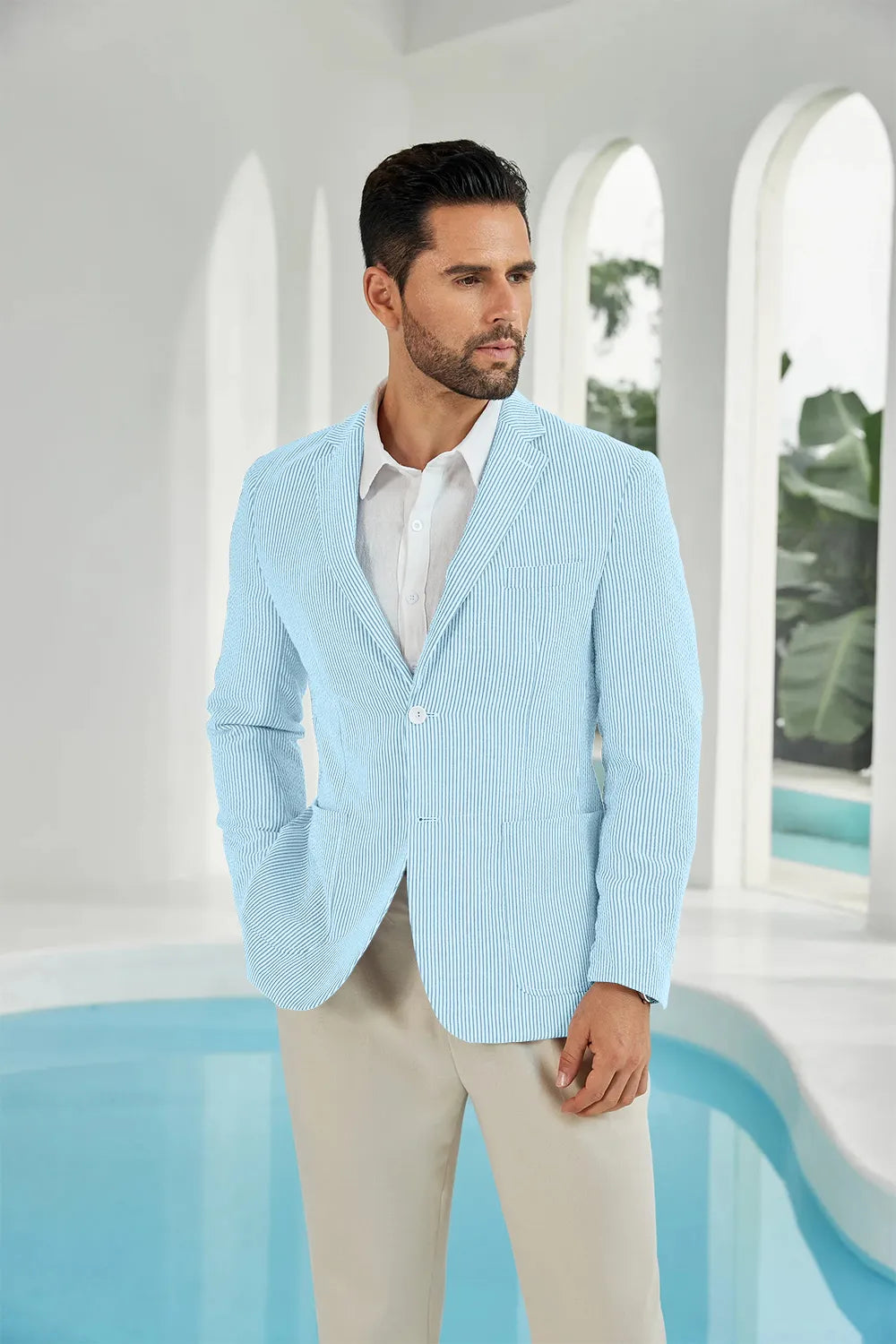 Aqua-white seersucker striped men's summer blazer close up