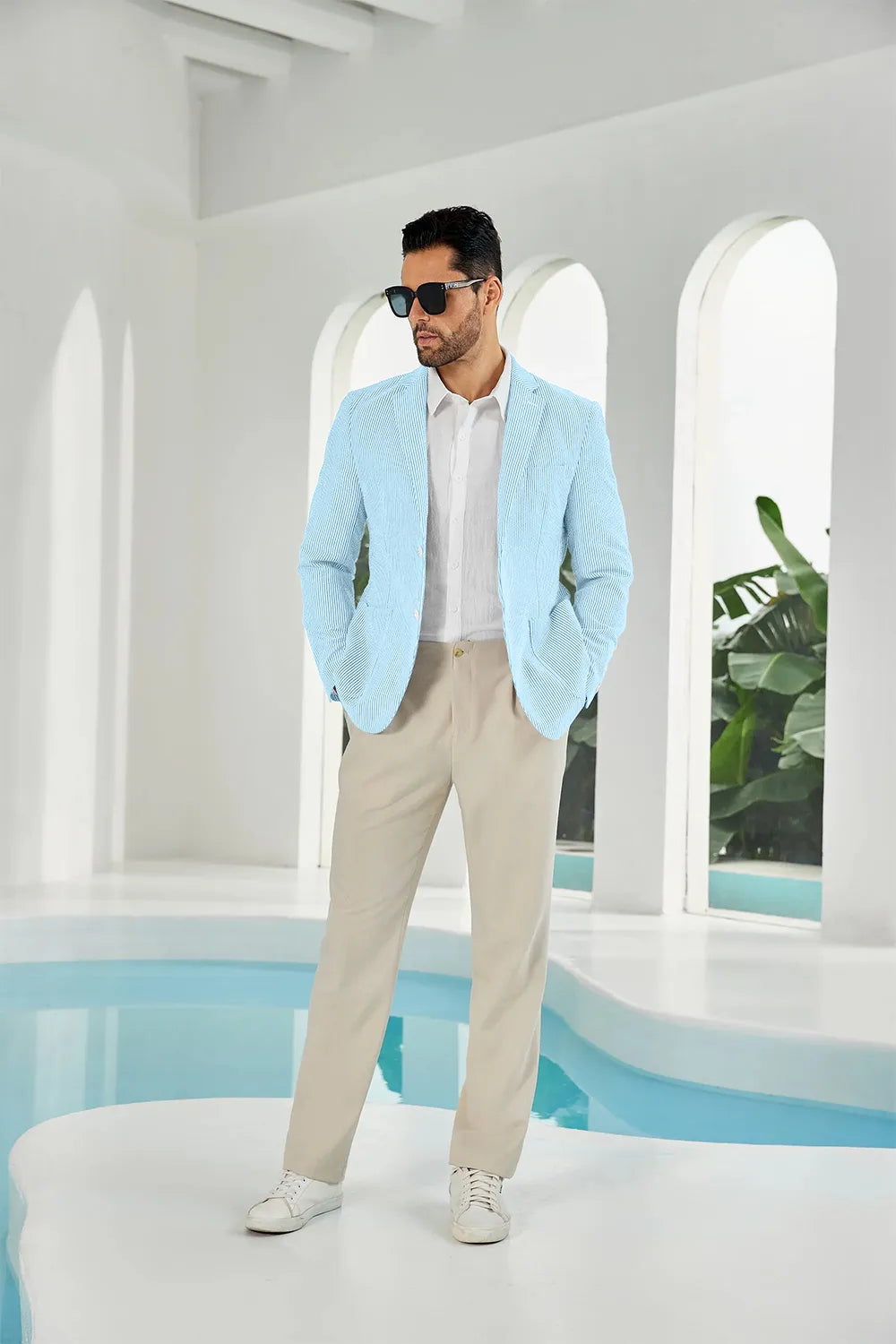 Aqua-white seersucker striped men's summer blazer front display