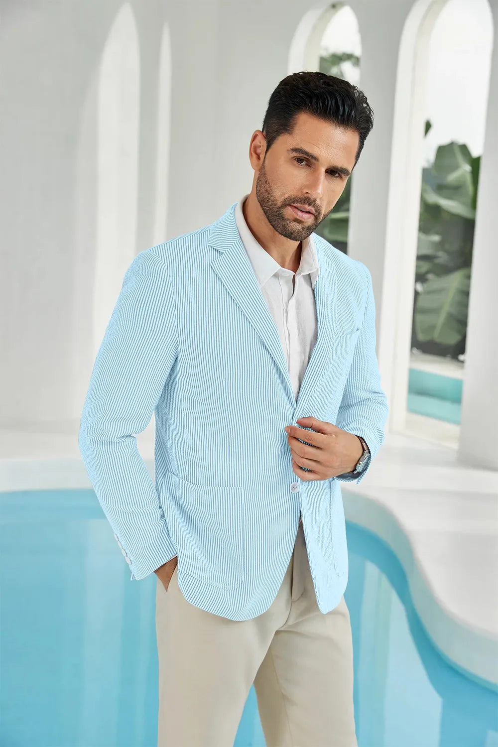 Aqua-white seersucker striped men's summer blazer