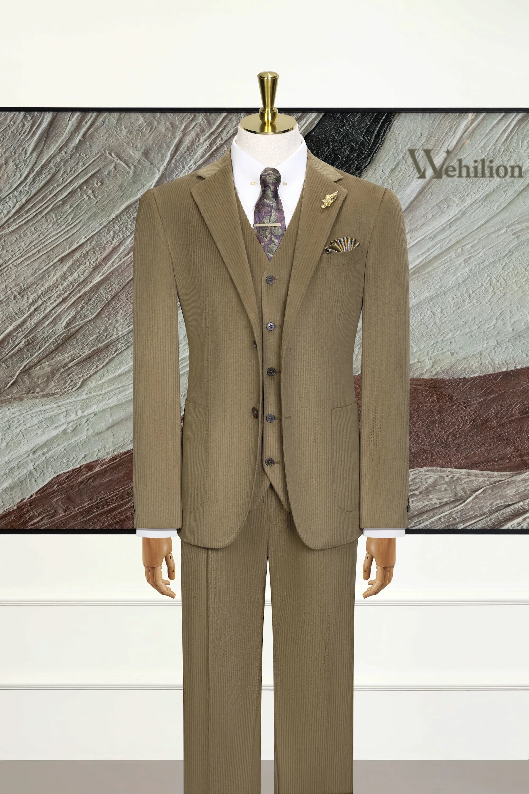 Men's Khaki Vintage Corduroy 3 Piece Suit