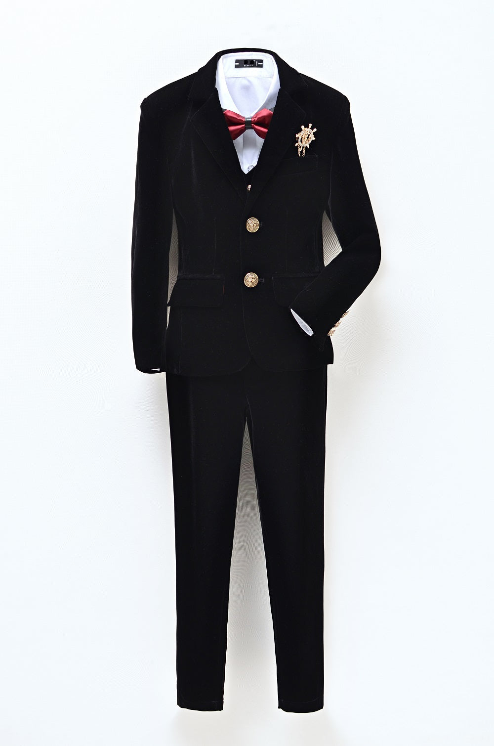 Black velvet 3-piece boy's formal suit with gold buttons, red bow tie & brooch - elegant tuxedo set for weddings/parties
