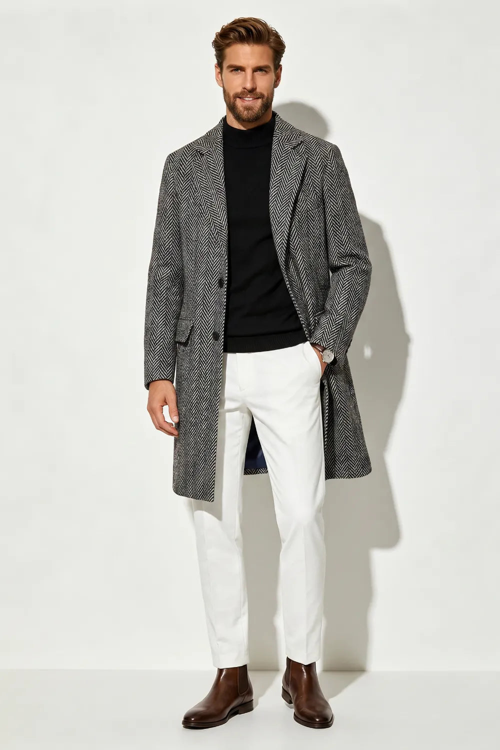 Men's Smart Casual Herringbone Overcoat
