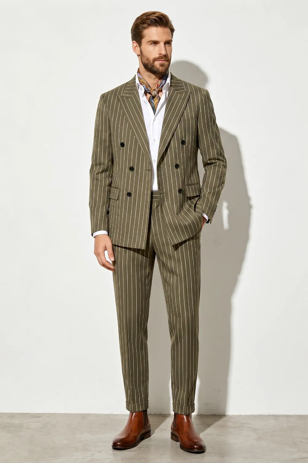 Men's Olive Pinstripe Double Breasted 2 Piece Suit
