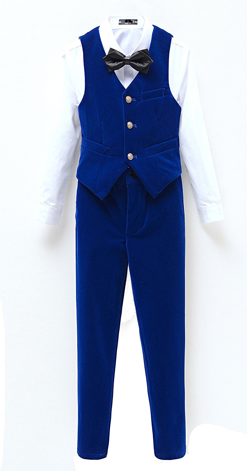 Royal blue boy's 3 piece velvet suit with vest and bow tie – formal outfit without jacket
