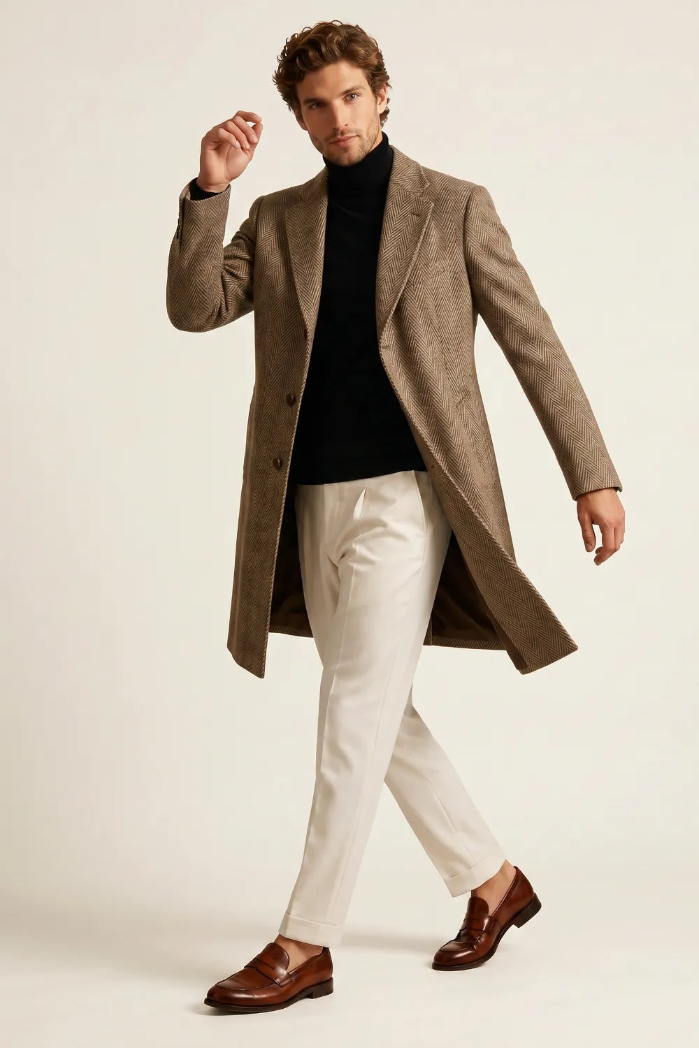 Men's Brown Herringbone Wool Blend Overcoat
