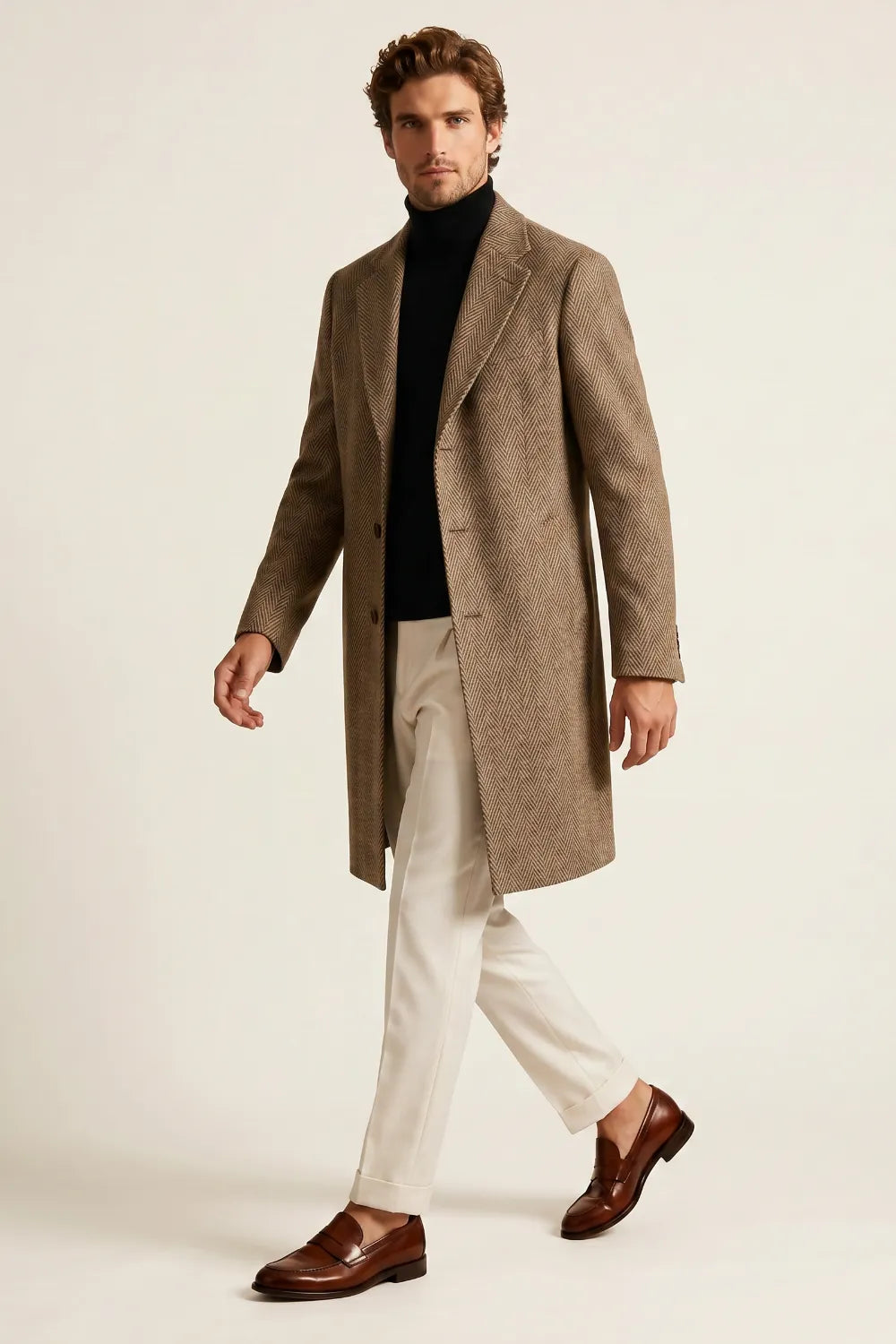 Men's Brown Herringbone Wool Blend Overcoat