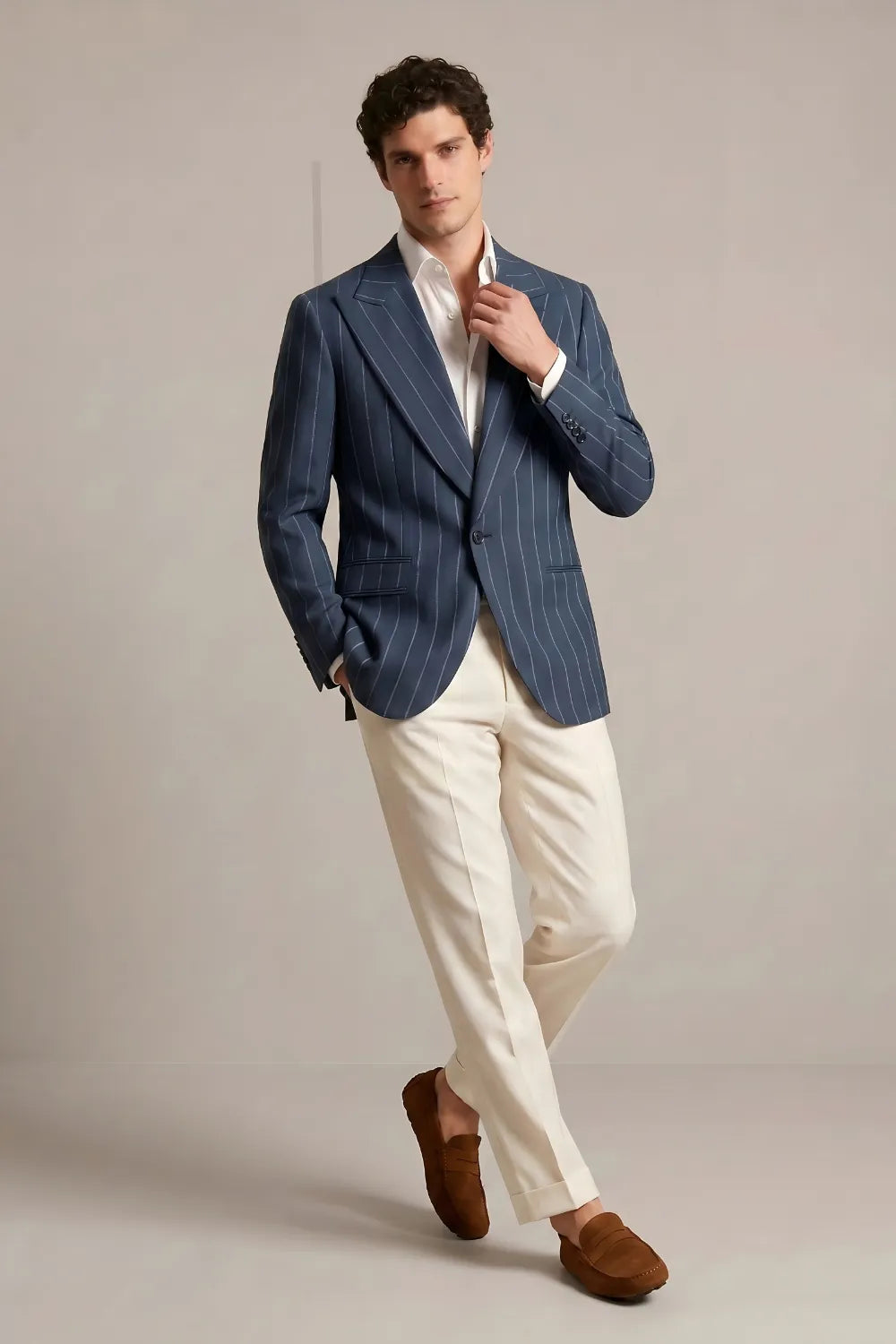 Men's Dark Blue Pinstripe Wide Peak Lapel 2 Piece Suit