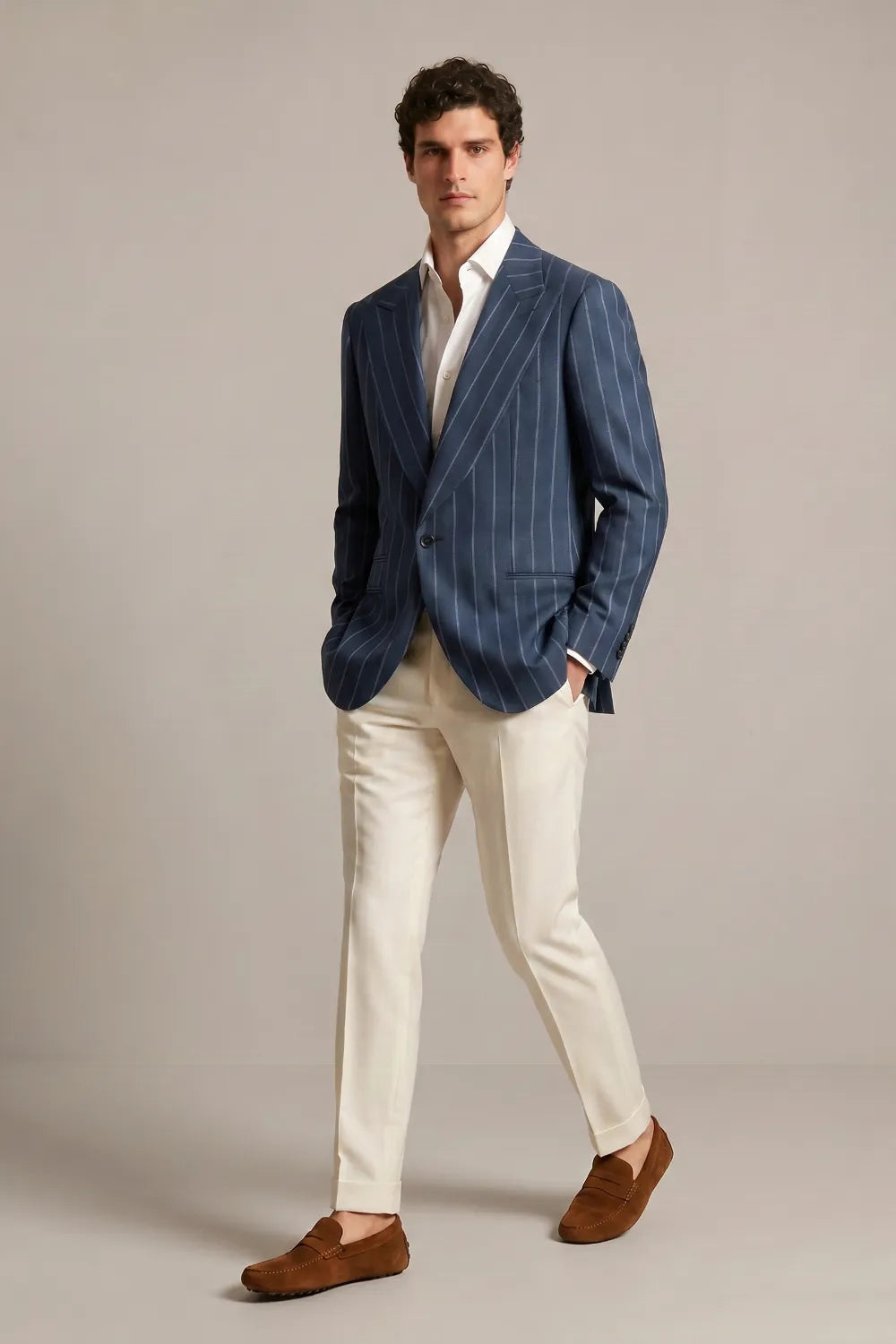 Men's Dark Blue Pinstripe Wide Peak Lapel 2 Piece Suit
