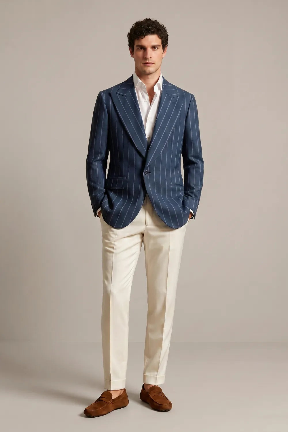 Men's Dark Blue Pinstripe Wide Peak Lapel 2 Piece Suit