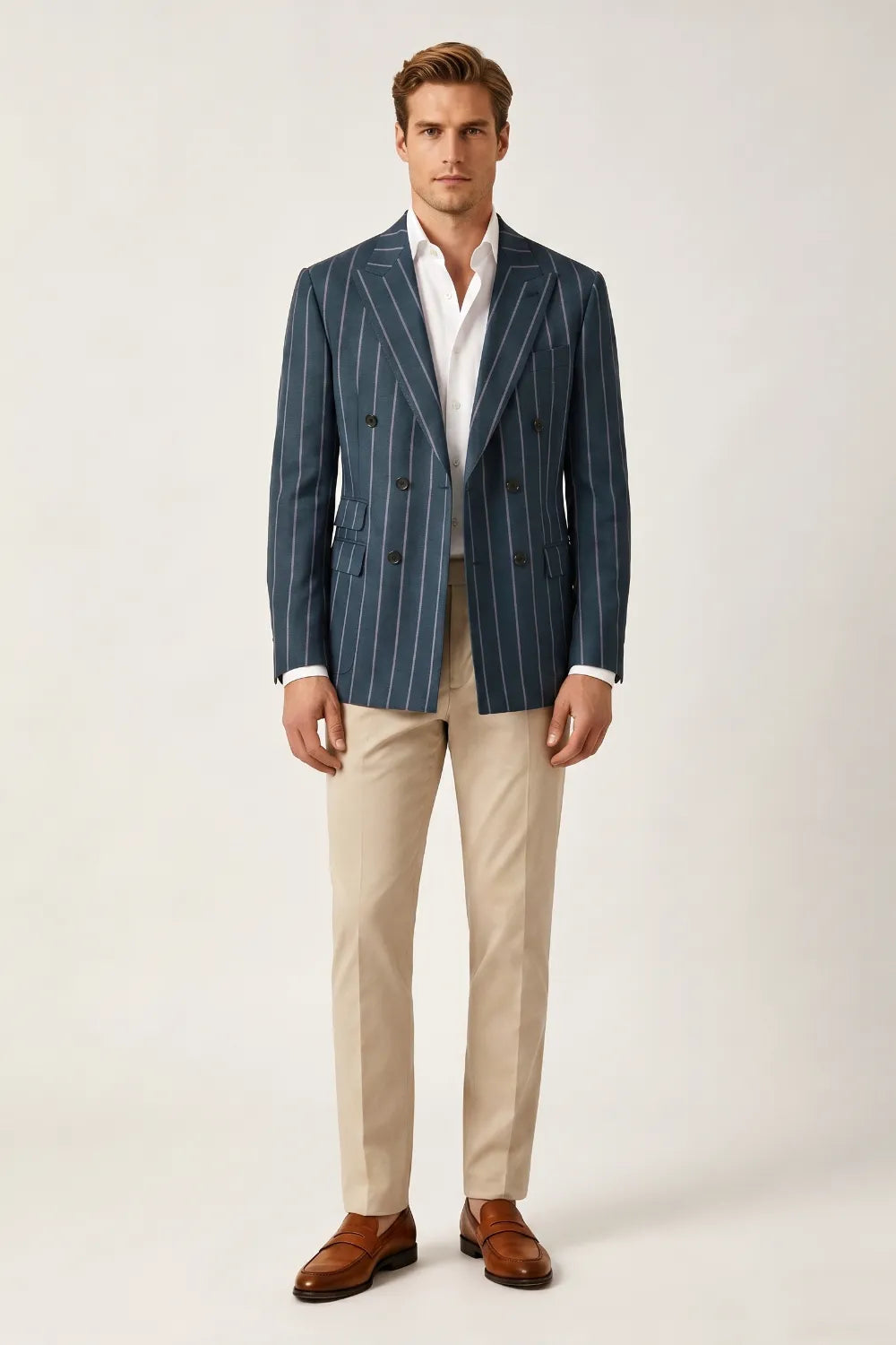 Men's Dusty Blue Pinstripe Double Breasted Peak Lapel Blazer