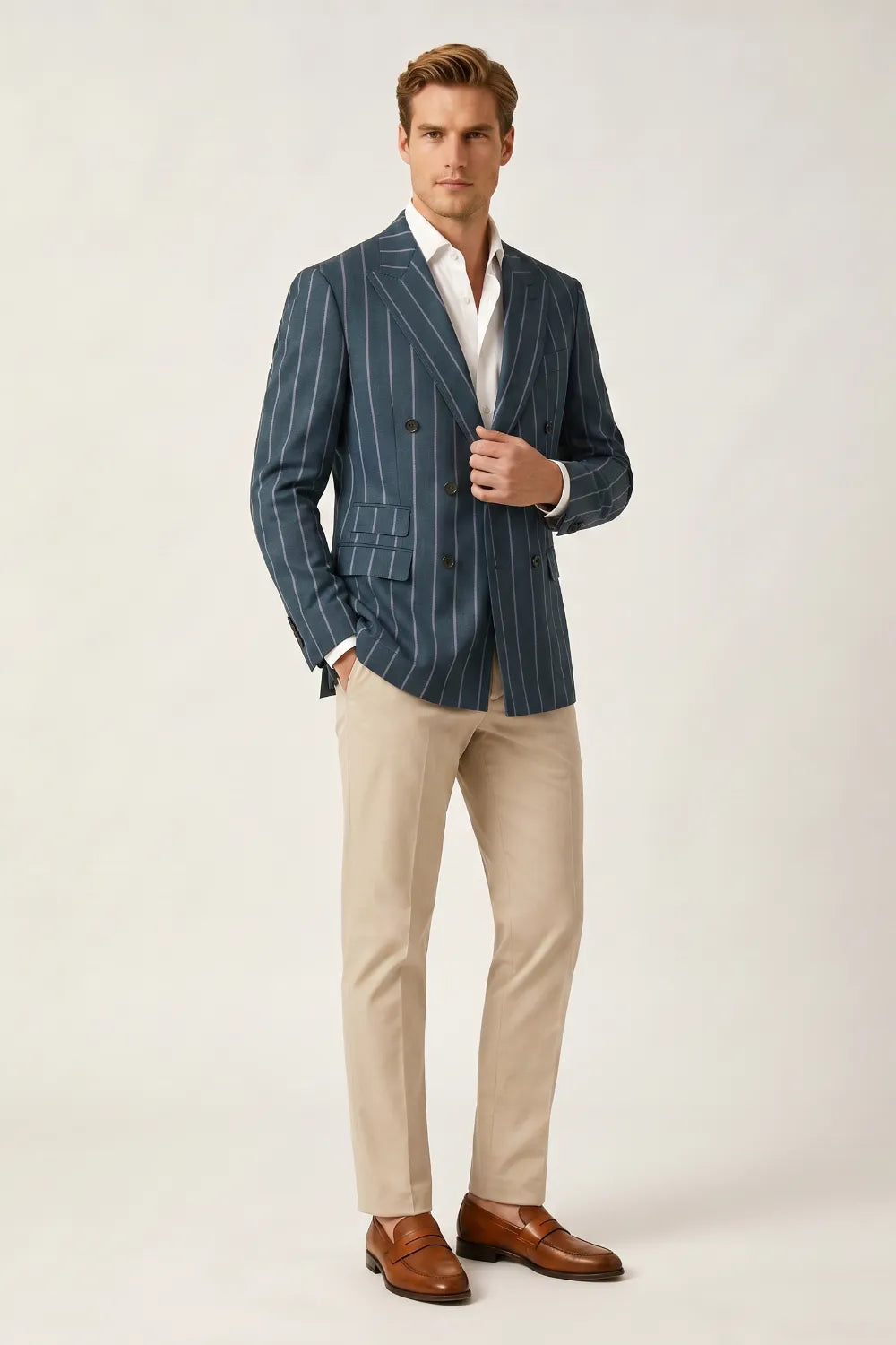 Men's Dusty Blue Pinstripe Double Breasted Peak Lapel Blazer
