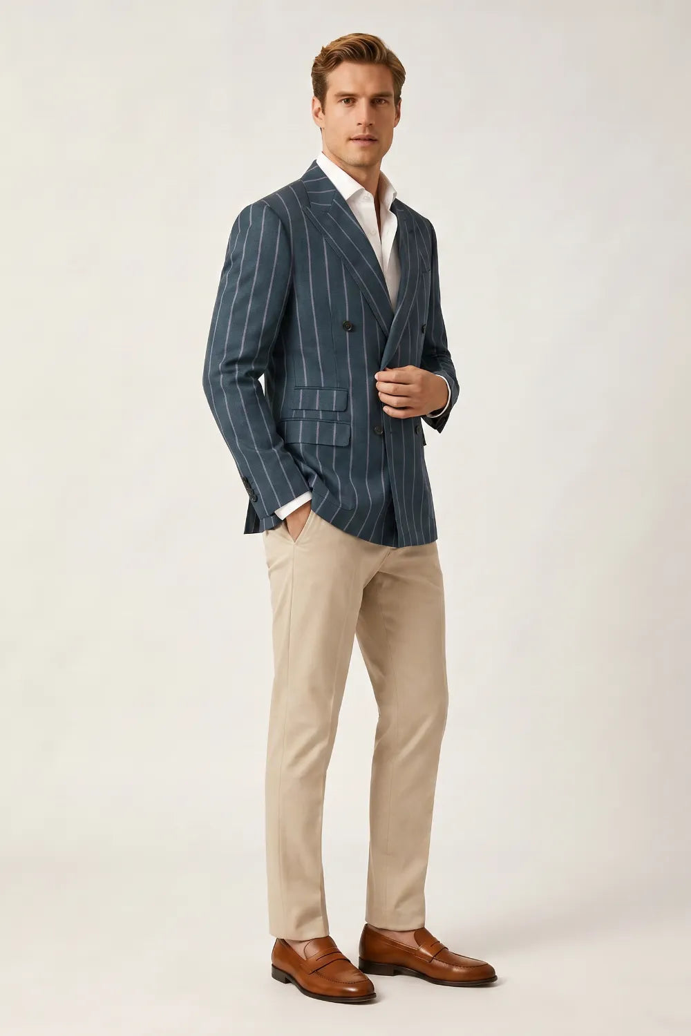 Men's Dusty Blue Pinstripe Double Breasted Peak Lapel Blazer