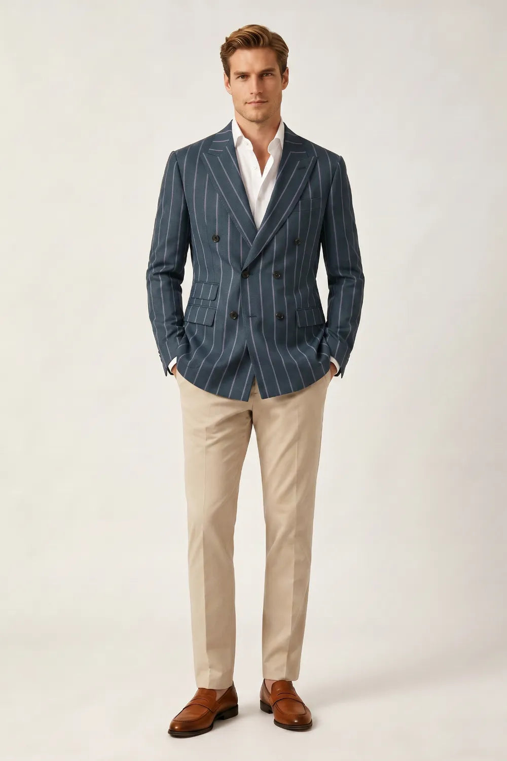 Men's Dusty Blue Pinstripe Double Breasted Peak Lapel Blazer