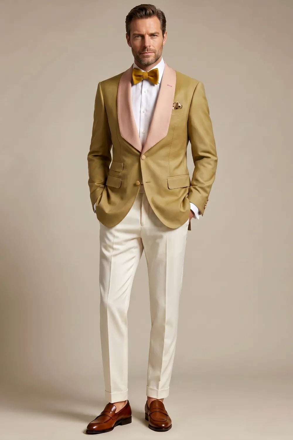 Men's Gold And Pink Shawl Lapel 2-Piece Tuxedo Suit