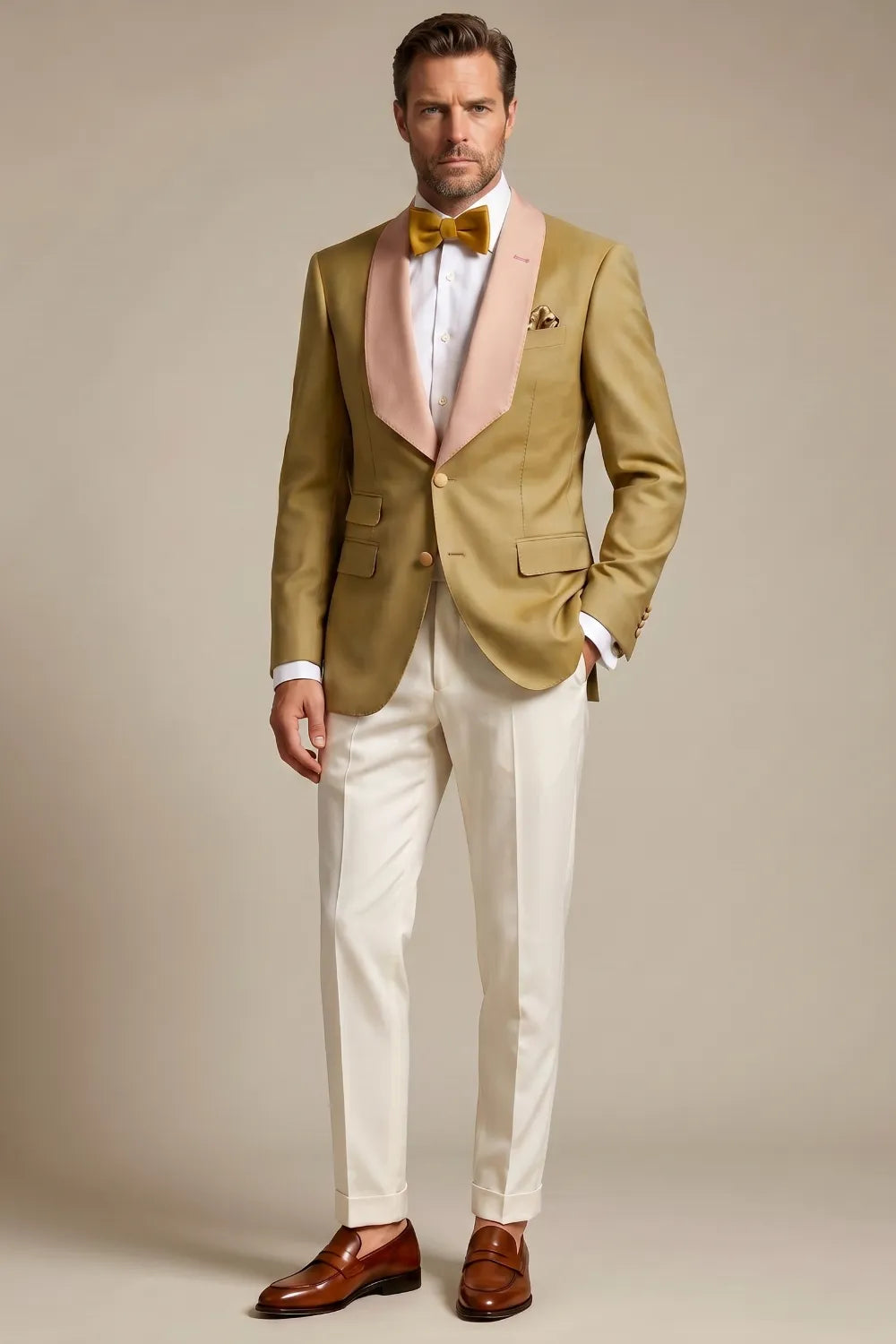 Men's Gold And Pink Shawl Lapel 2-Piece Tuxedo Suit