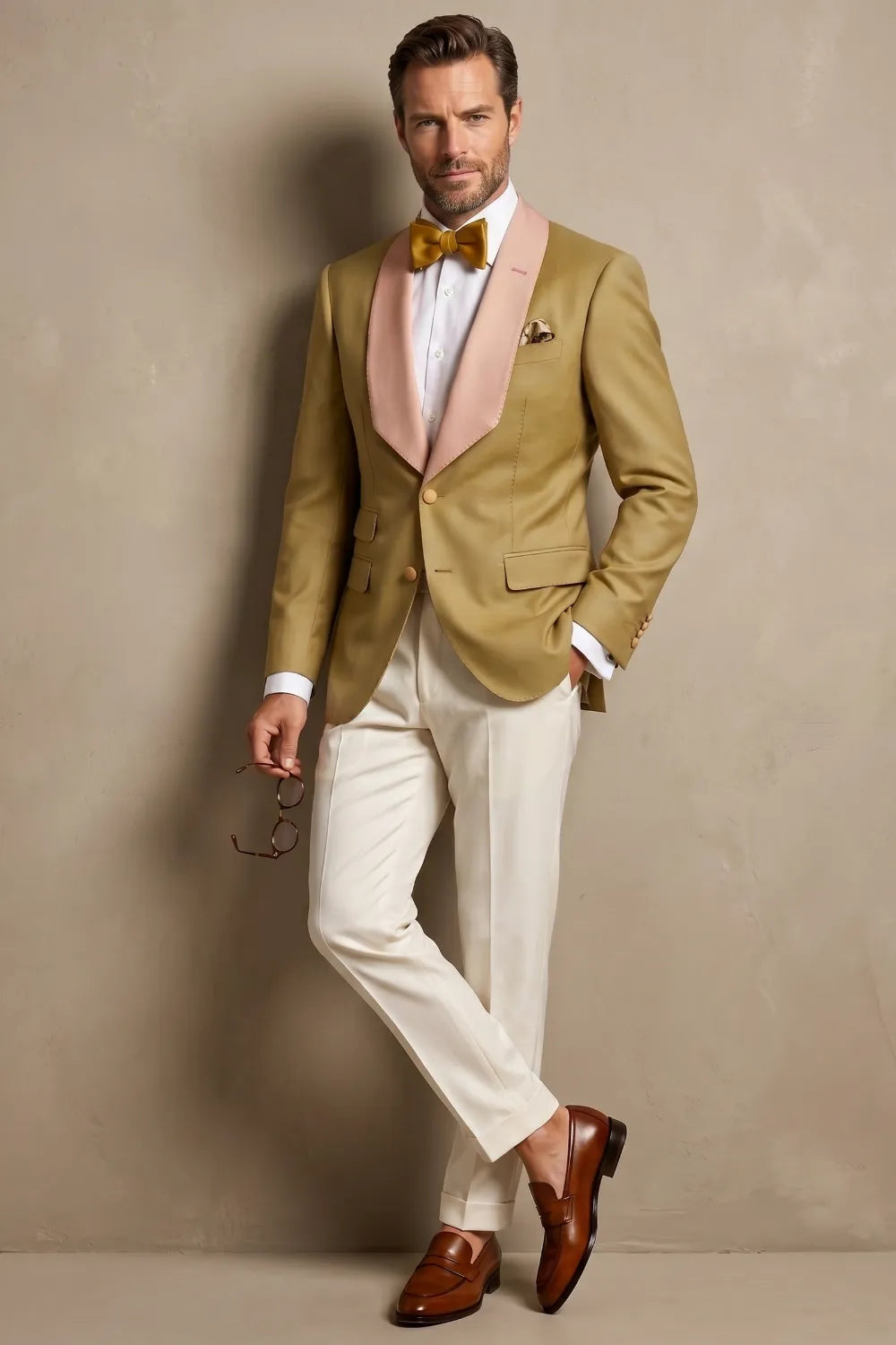 Men's Gold And Pink Shawl Lapel 2-Piece Tuxedo Suit