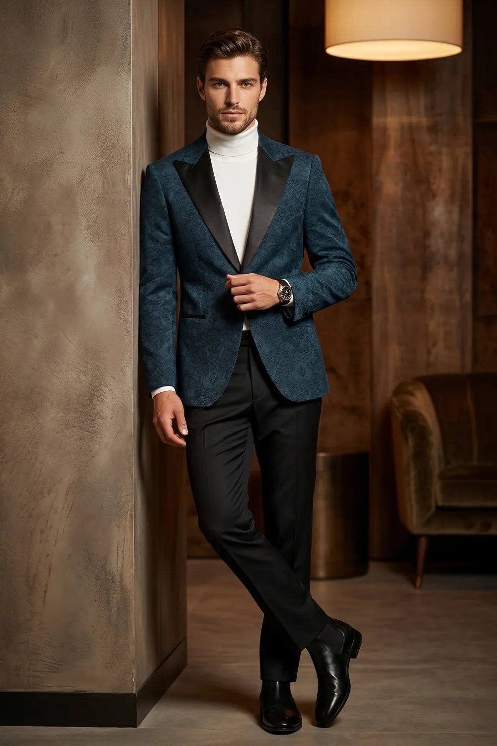 Men's Navy Blue Jacquard Satin Peak Lapel 2-Piece Tuxedo Suit