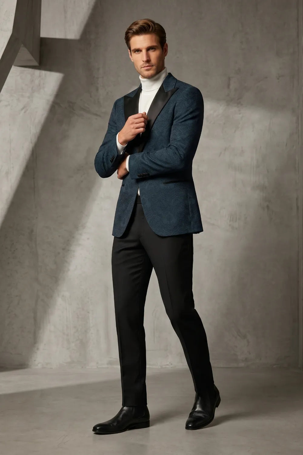 Men's Navy Blue Jacquard Satin Peak Lapel 2-Piece Tuxedo Suit