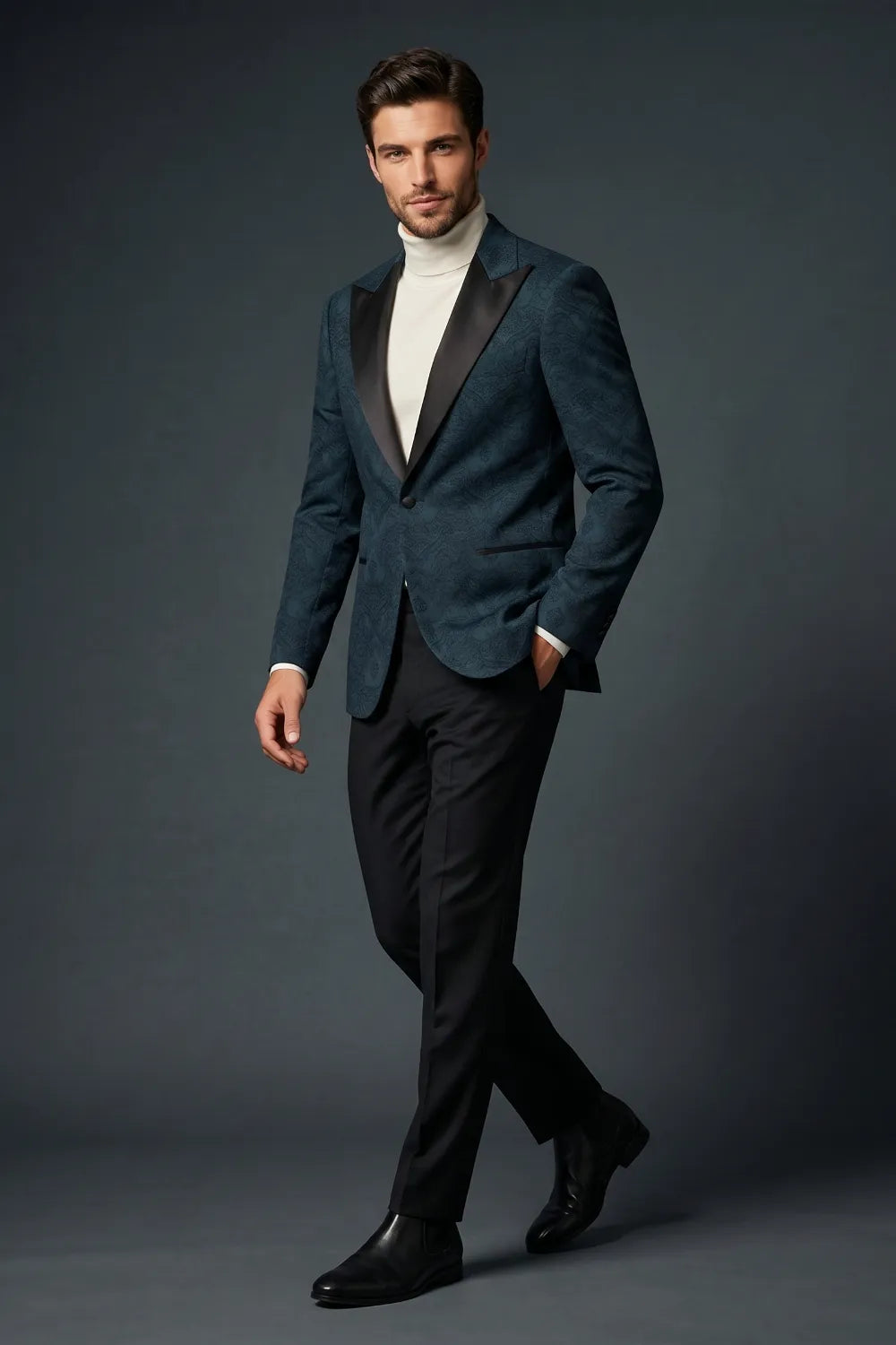 Men's Navy Blue Jacquard Satin Peak Lapel 2-Piece Tuxedo Suit