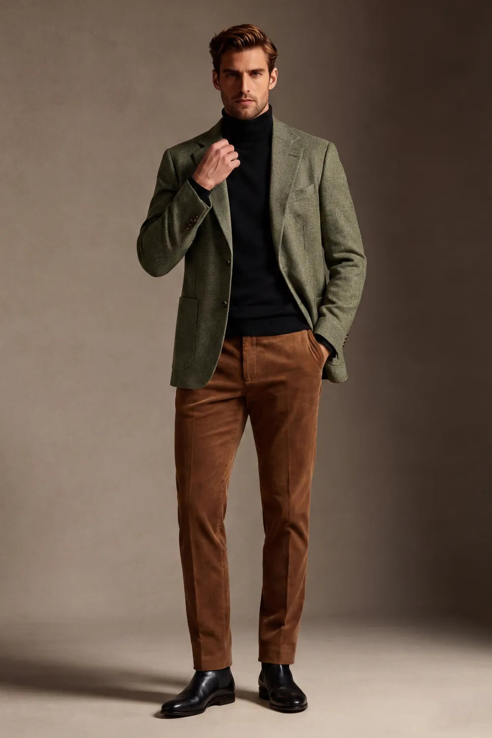 Men's Olive Green Wool Blend Herringbone 2 Piece Suit