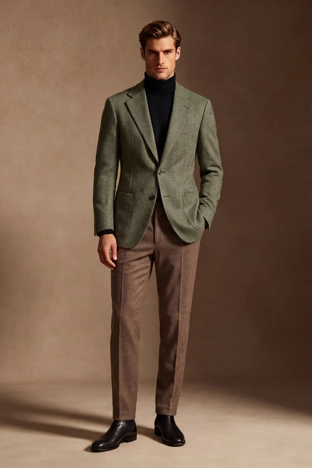 Men's Olive Green Wool Blend Herringbone 2 Piece Suit