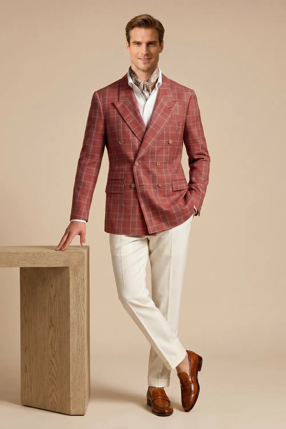 Men's Rust Red Windowpane Double Breasted 2 Piece Suit