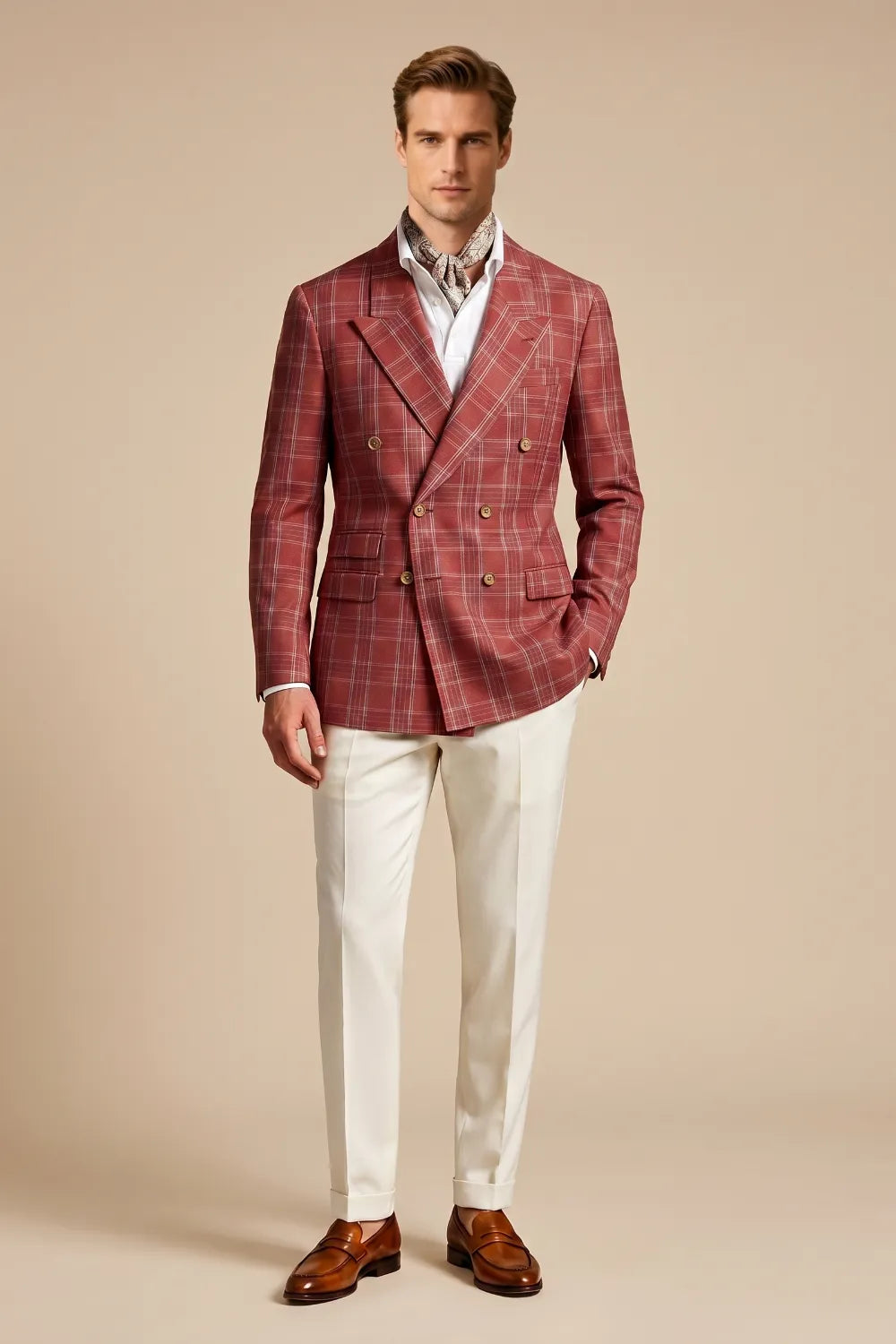 Men's Rust Red Windowpane Double Breasted 2 Piece Suit
