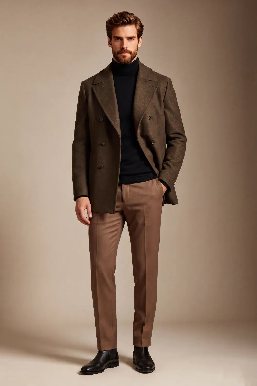 Men's Dark Olive Brown Wool Blend Double Breasted Overcoat