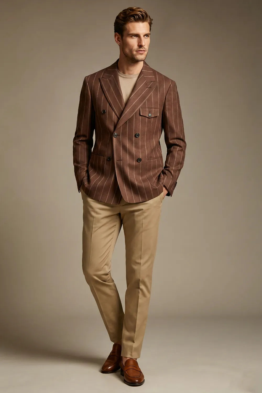 Men's Tobacco Chalk Stripe Double Breasted 2 Piece Suit