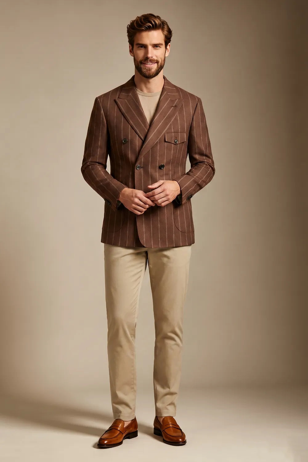 Men's Tobacco Chalk Stripe Double Breasted 2 Piece Suit
