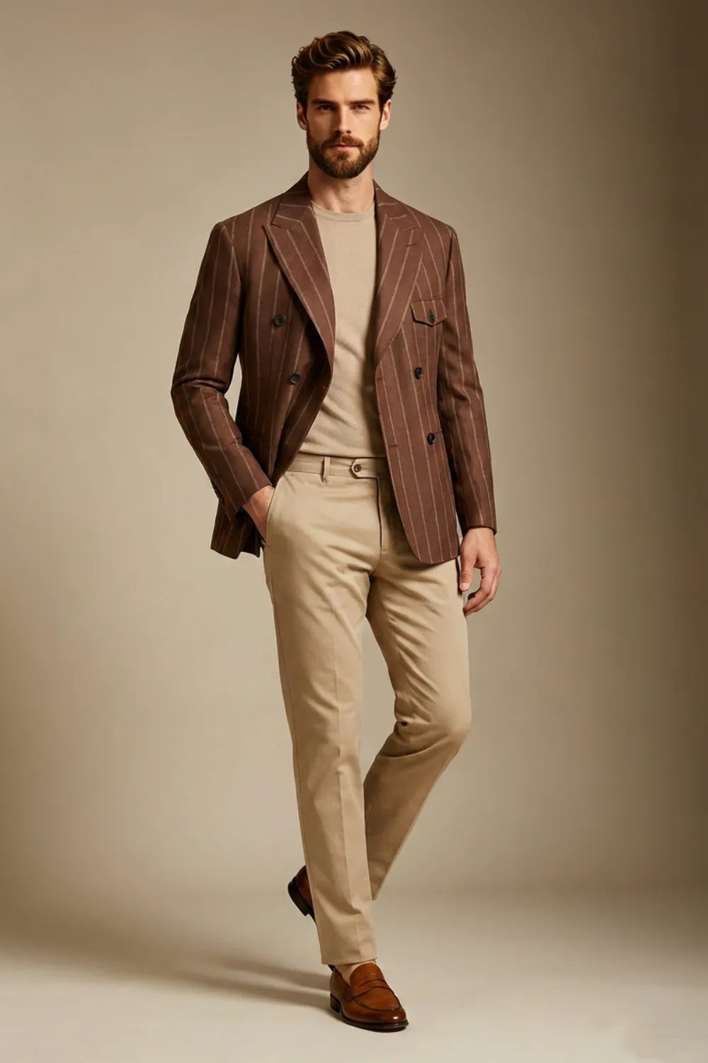Men's Tobacco Chalk Stripe Double Breasted 2 Piece Suit