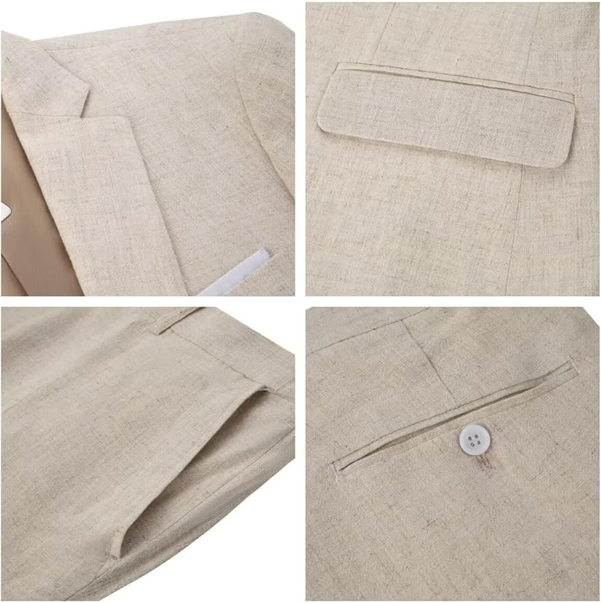 Close-up of boys beige linen suit pockets and buttons – elegant casual details
