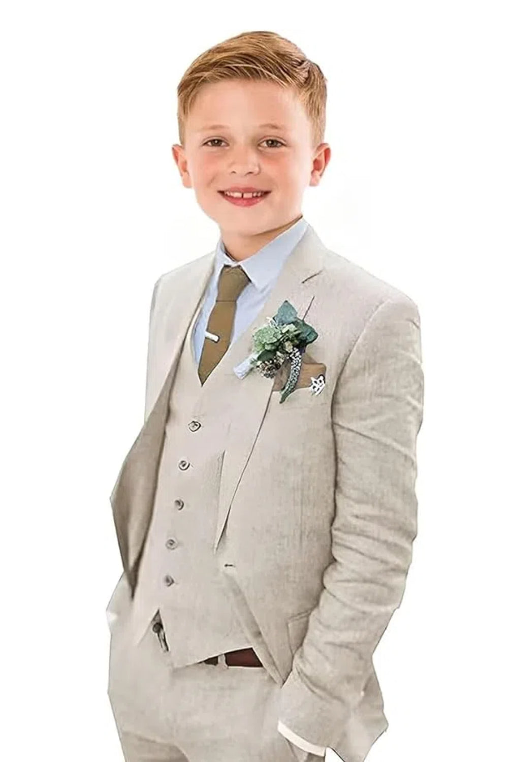 Boys beige linen suit set with vest and pants – casual formalwear for beach events