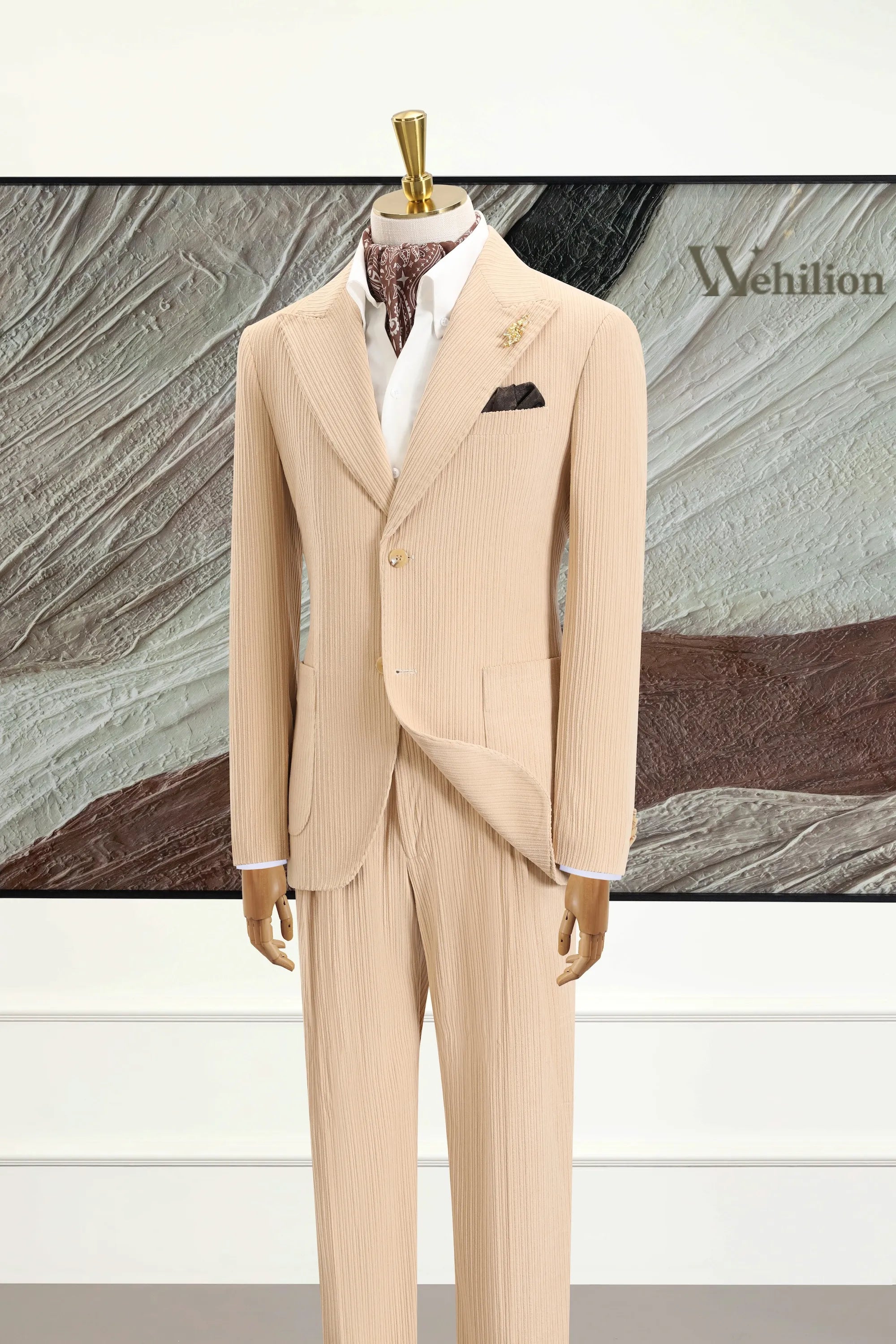 Men's Beige Corduroy Peak Lapel 2 Piece Suit