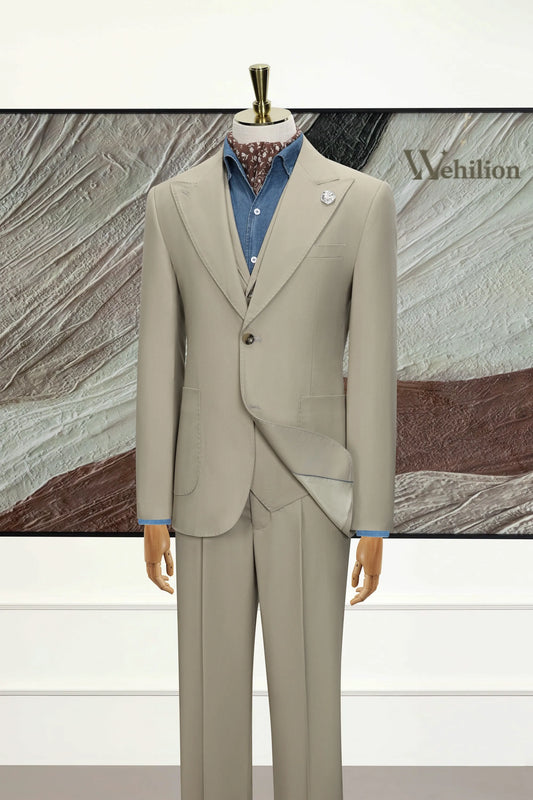 Men's Beige Grey Peak Lapel 3 Piece Suits