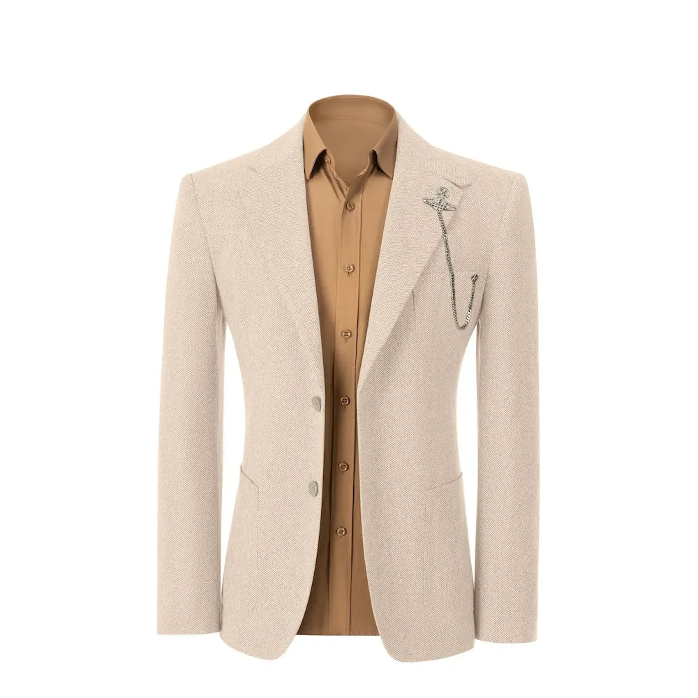 front view of beige herringbone wool 2 piece suit blazer – showcasing tailored winter fit for business occasions