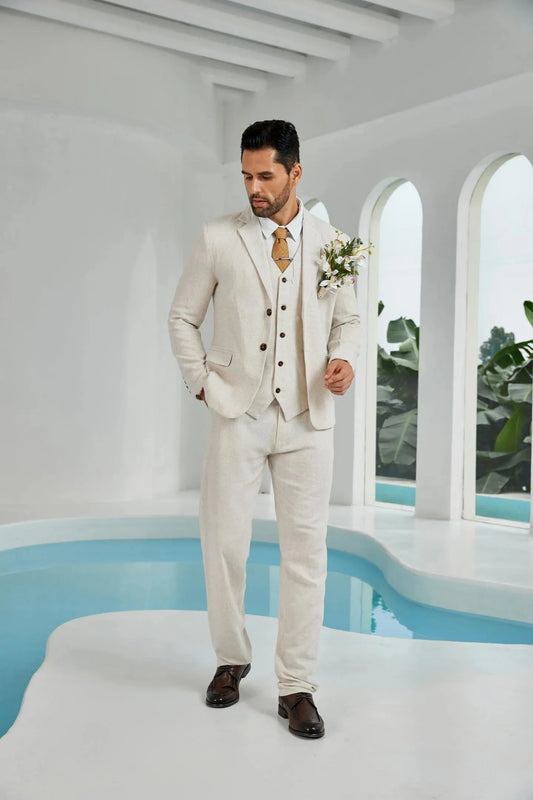 side angle of beige linen 3 piece groom suit for men – blazer, vest, and trousers tailored for summer wedding style