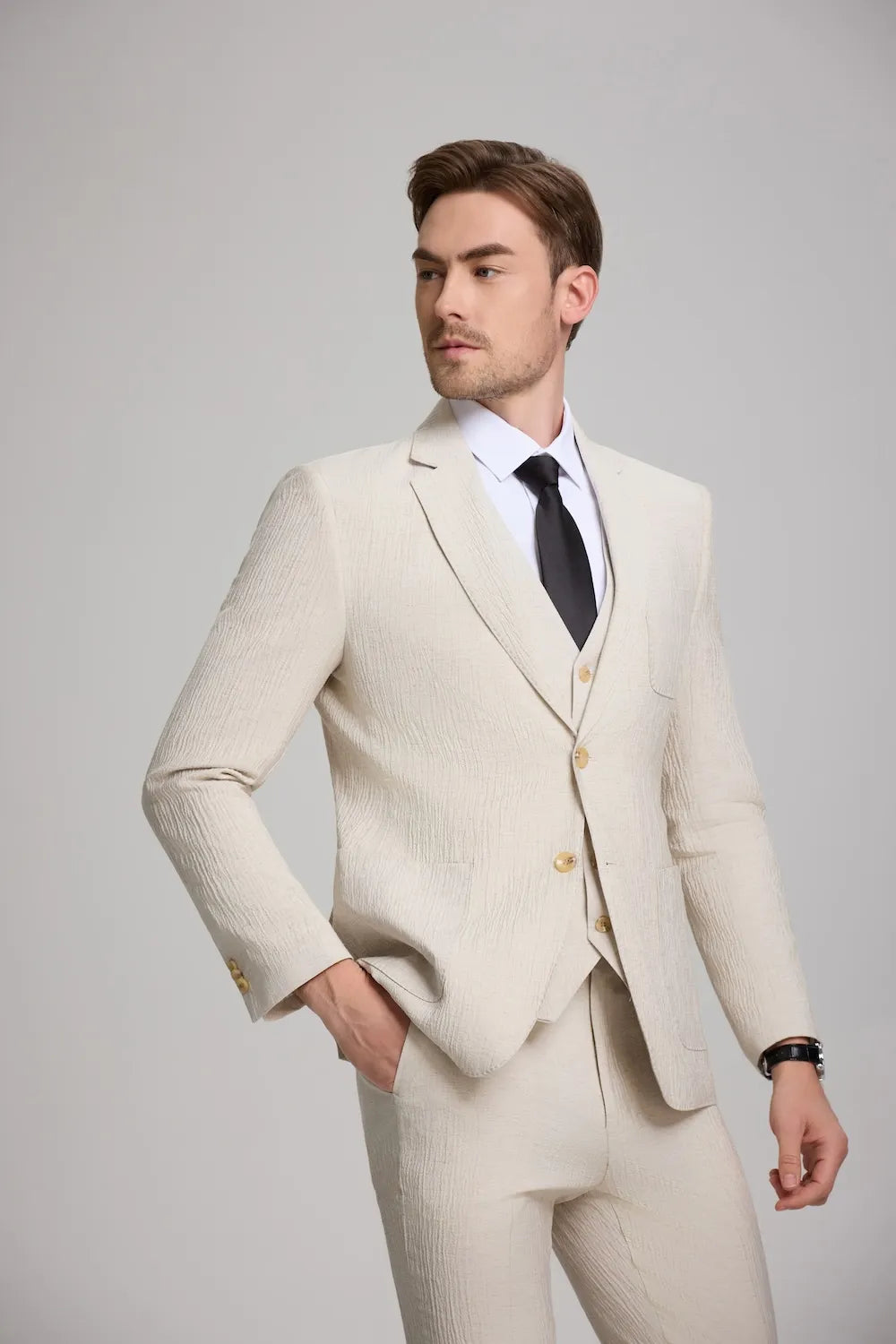 Lightweight beige linen blazer and pants set – men's breathable wedding or business suit with tie