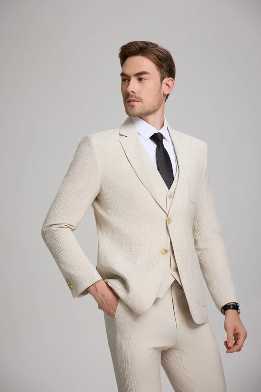 Lightweight beige linen blazer and pants set – men's breathable wedding or business suit with tie
