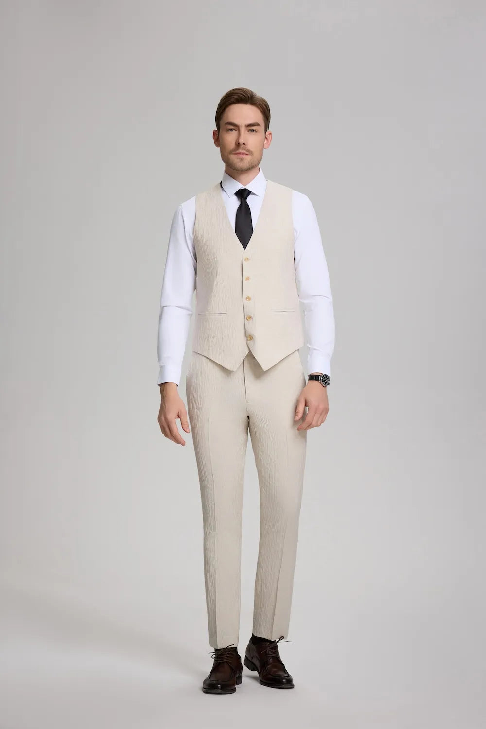 Linen vest and trousers outfit for men – breathable beige summer wedding suit without jacket