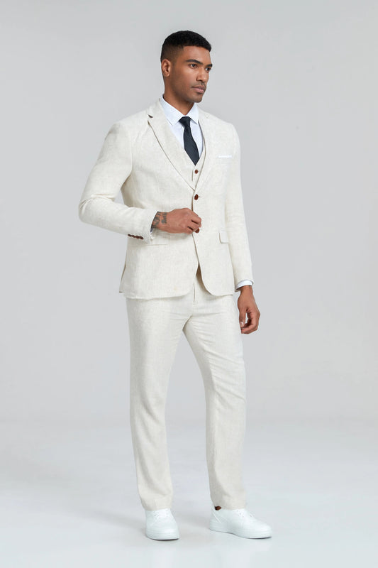 Side view of men’s beige linen wedding suit – three-piece formal look for beach or summer ceremonies